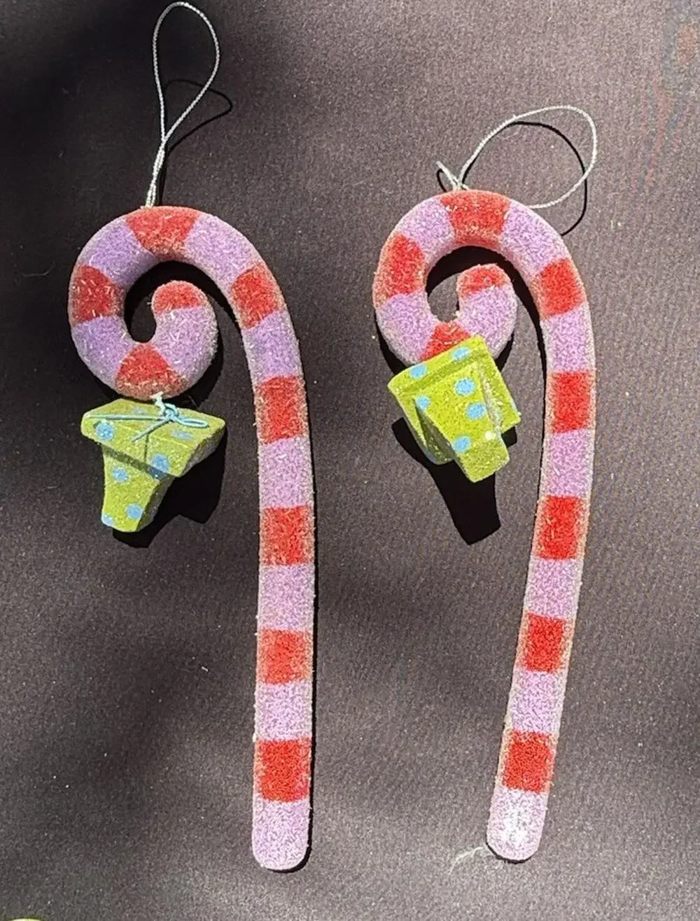 2 Vtg Dept 56 Whimsical Sugared Candy Cane Christmas Ornaments Frosted -K1